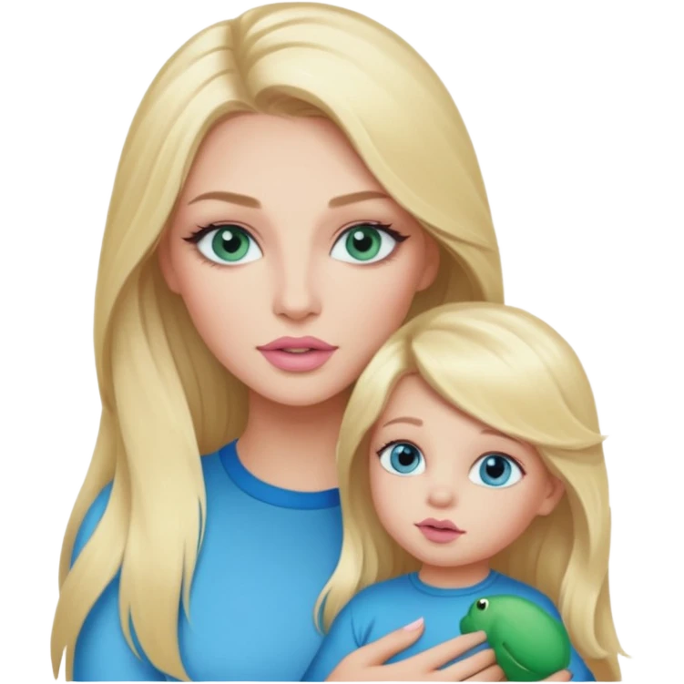 Blonde baddie with long hair Pretty makeup long lashes blue-green eyes ,   light pink lips ,holding 1 little son , with blue eyes emoji
