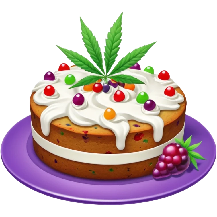 colorful frosted fruit cake with cannabis leaf on a plate emoji