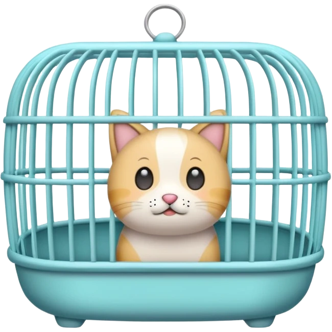 A cute emoji-style empty pet cage — cartoon look, rounded design, pastel colors, with vertical bars and a small handle on top. The cage is completely empty inside. No animals, no cats, no creatures — just the cage emoji