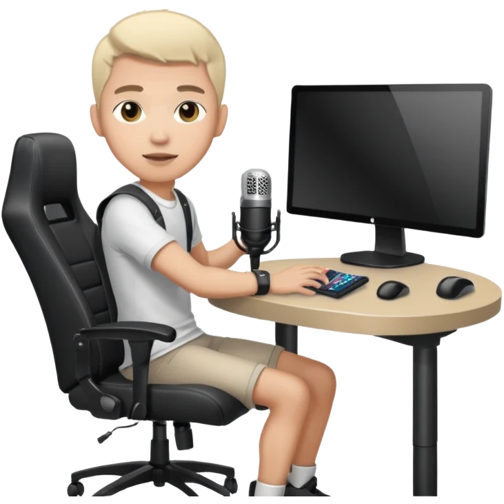 a setup of a youtuber, with a desktop pc on a table, a gaming chair, microphone, ring light emoji