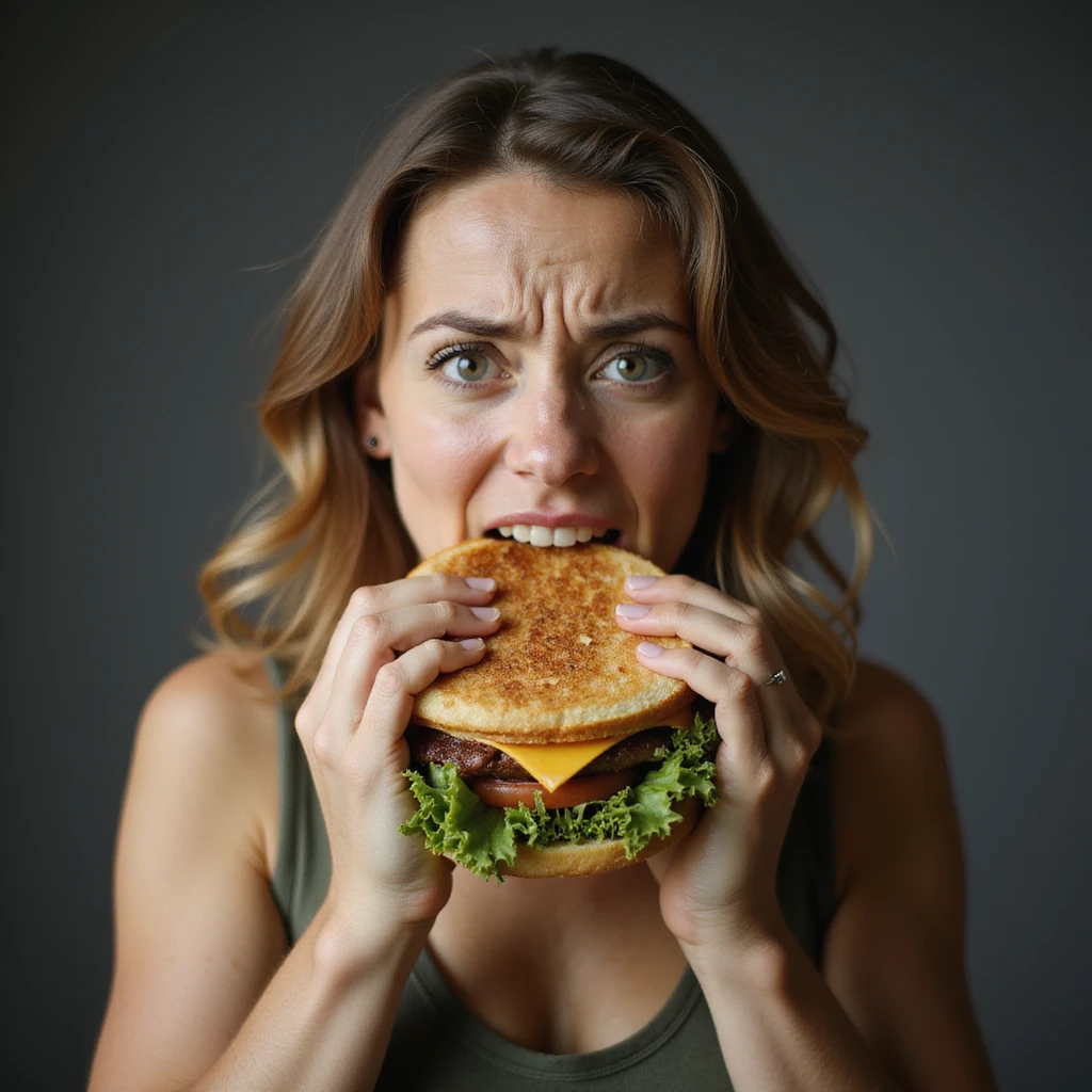 hyperrealistic image of a woman with an agitated expression holding a huge sandwich and biting it, nervous hunger, white background, variation 5 emoji