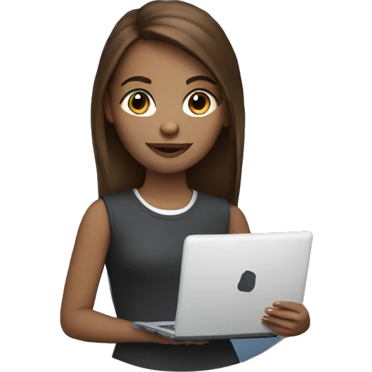 white IT girl student, holding laptop, blue eyes, brown hair emoji