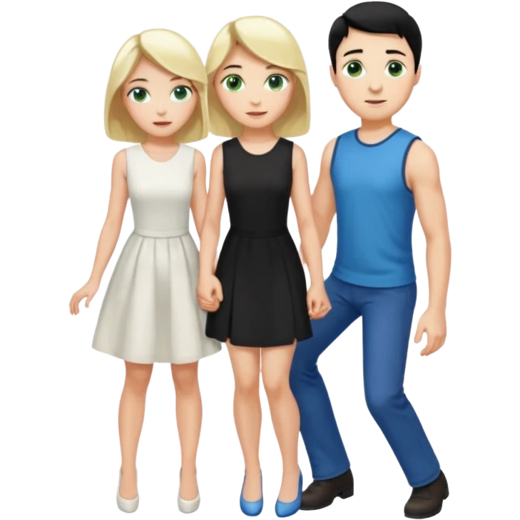 prince, black hair, blue eyes, garment,  woman, blonde Hair, green eyes, bending knee, sleveless white dress, emoji