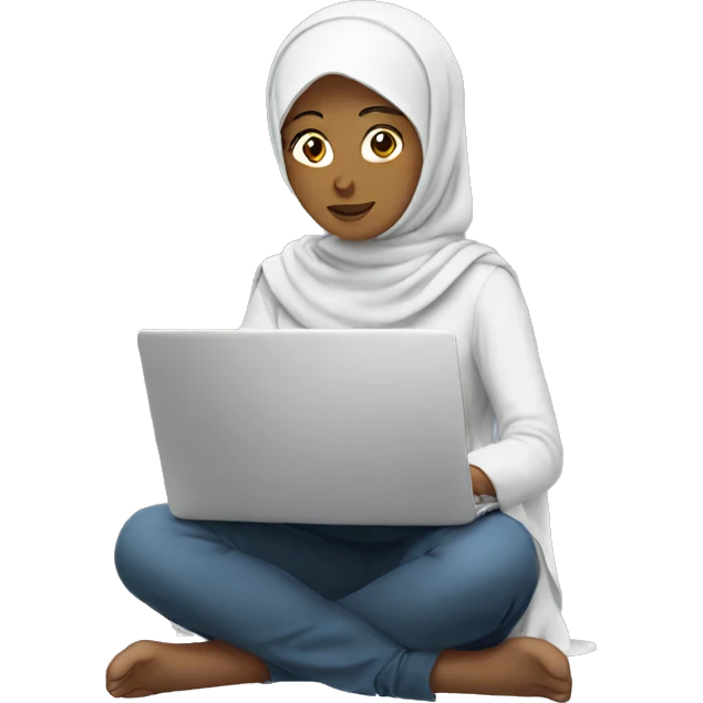 girl in hijab sitting at laptop with face emoji