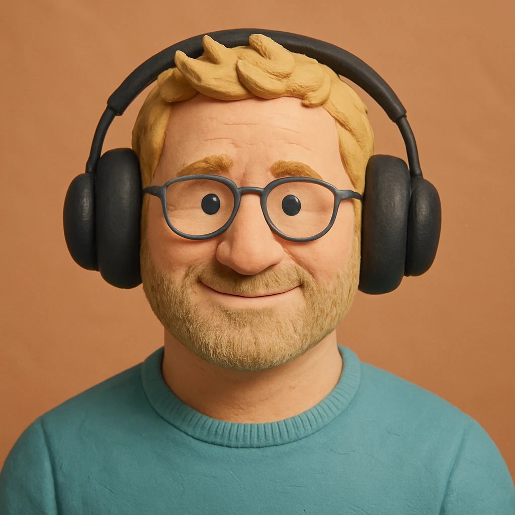 portrait inspired by Gerard Butler, weniger Falten, Haare mehr blond, Gesichtsausdruck freundlicher und leicht lächelnd, der ganze Kopf inklusive Haare und Kopfhörer soll vollständig dargestellt werden emoji