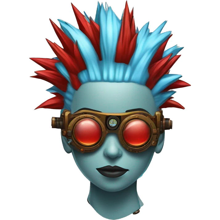 Light blue Mohawk hair female cyborg head with red steampunk goggles and circuits emoji