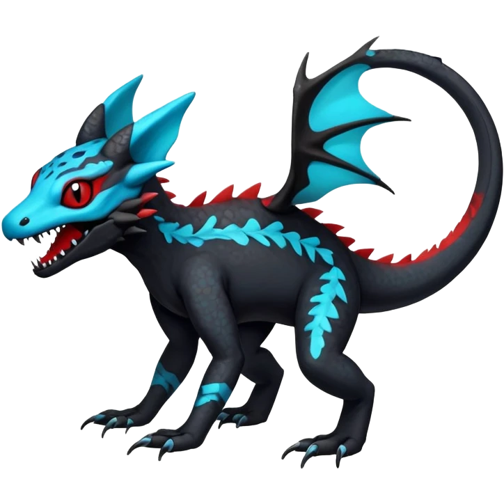 Rare realistic exotic edgy dark gothic gloomy spooky black and red/blue/cyan epic pretty beautiful handsome gorgeous aesthetic colorful vibrant Vernid-Trico-species-Fakemon-Salandit-hybrid-creature by LiLaiRa, 4 legs, 1 tail, random markings, (full body) emoji