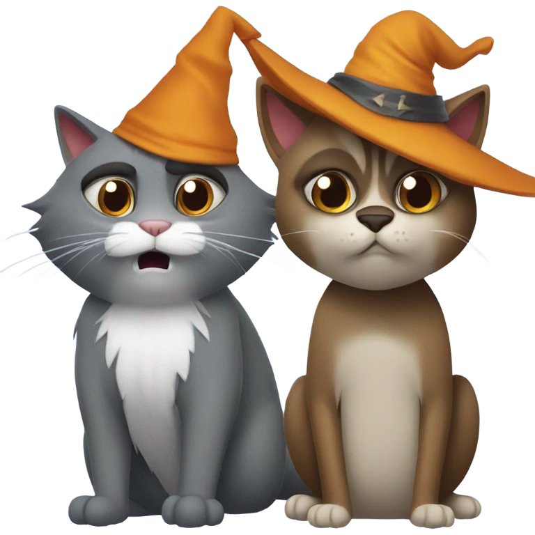 Grey cat with wizard hat and brown angry raccoon cat emoji