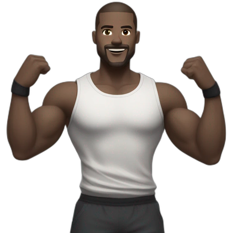 Full height Actively gesturing with hands Pale skinned Fit Man With the biceps and brown hair in dark gray Sleeveless Mike, black oversize sports shorts, watch and white Sneakers emoji