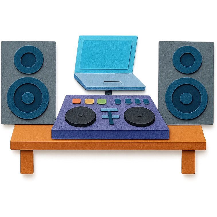 DJ table with laptop, mixer, and two large speakers, vibrant paper textures emoji