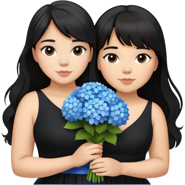 Latina girl with bangs black long hair in pony tail plus size black dress holding a blue bouquet of hydrangeas emoji