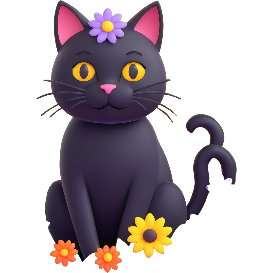 A black cat with a flower on its head in a field of flowers, different angle emoji