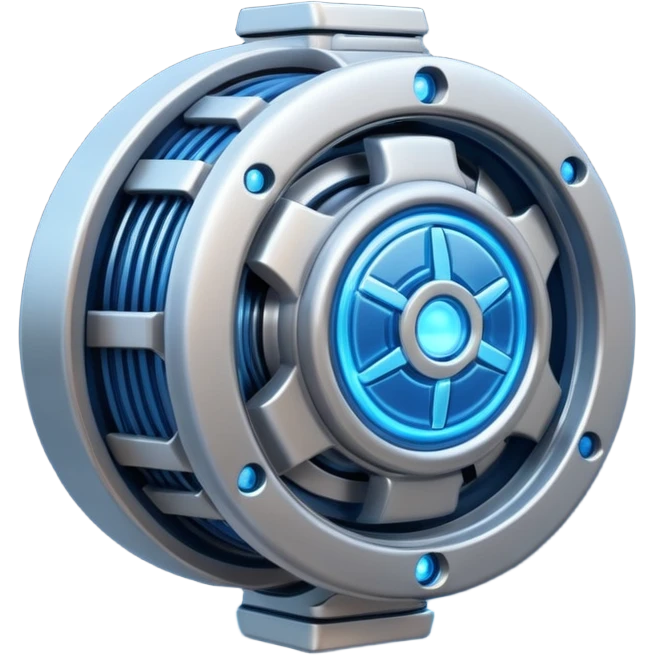 Powerful futuristic engine emoji, thick industrial metal body, rotating inner parts, glowing energy core. emoji