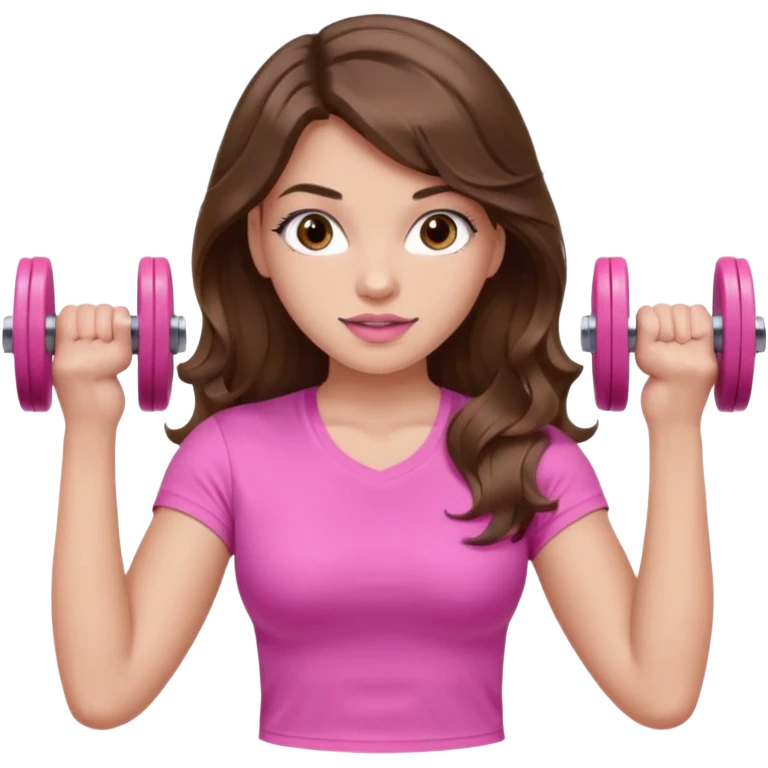 girl with wavy long brown hair, brown eyes, light to medium complexion, long lashes, light pink lipstick, wearing light pink shirt, lifting pink dumbbells in a sports top emoji