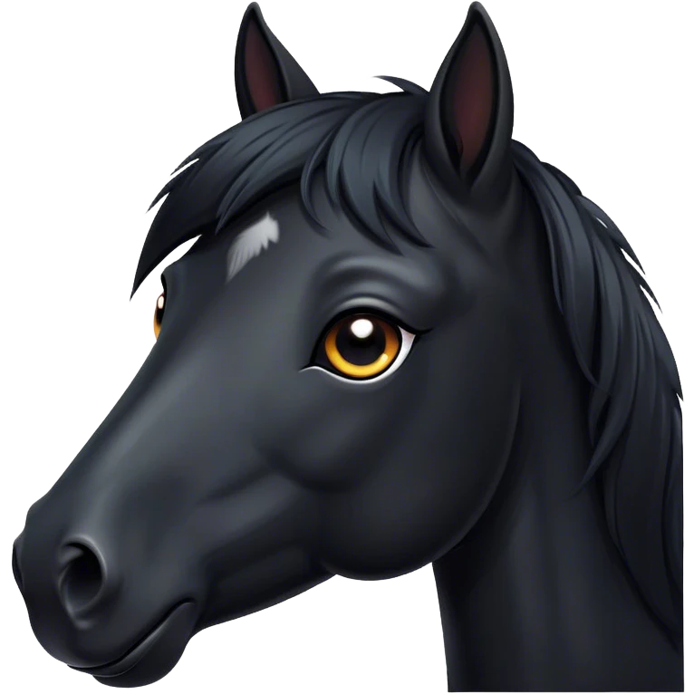 Cinematic Cute Black Horse Portrait Emoji, Head tilted playfully and inquisitively, showcasing a glossy black fur with a striking sheen and expressive dark eyes filled with curiosity, Simplified yet irresistibly adorable features, highly detailed, glowing with a warm, friendly glow, high shine, affectionate and spirited, stylized with a touch of whimsy, bright and endearing, soft glowing outline, capturing the essence of a mischievous yet loving horse, so playful it feels like it could trot out of the screen and into your arms! emoji