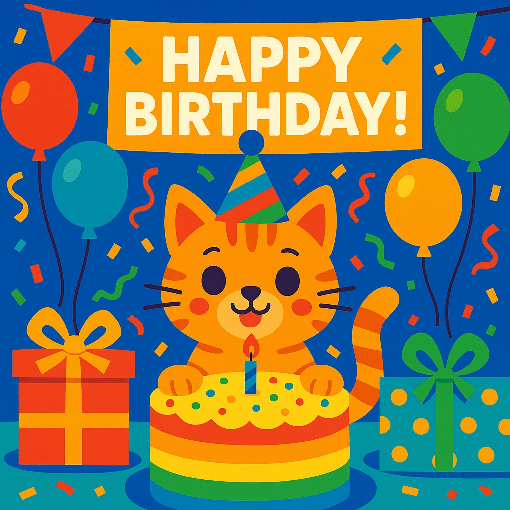 birthday party scene with rainbow balloons, multicolored decorations, confetti, large rainbow birthday cake, gifts, festive atmosphere, featuring a ginger tabby kitten wearing a birthday hat as the main character, with a prominent 'Happy Birthday!' message emoji