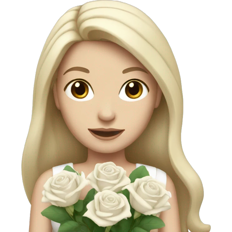 white girl with long hair with a bouquet of  white roses emoji