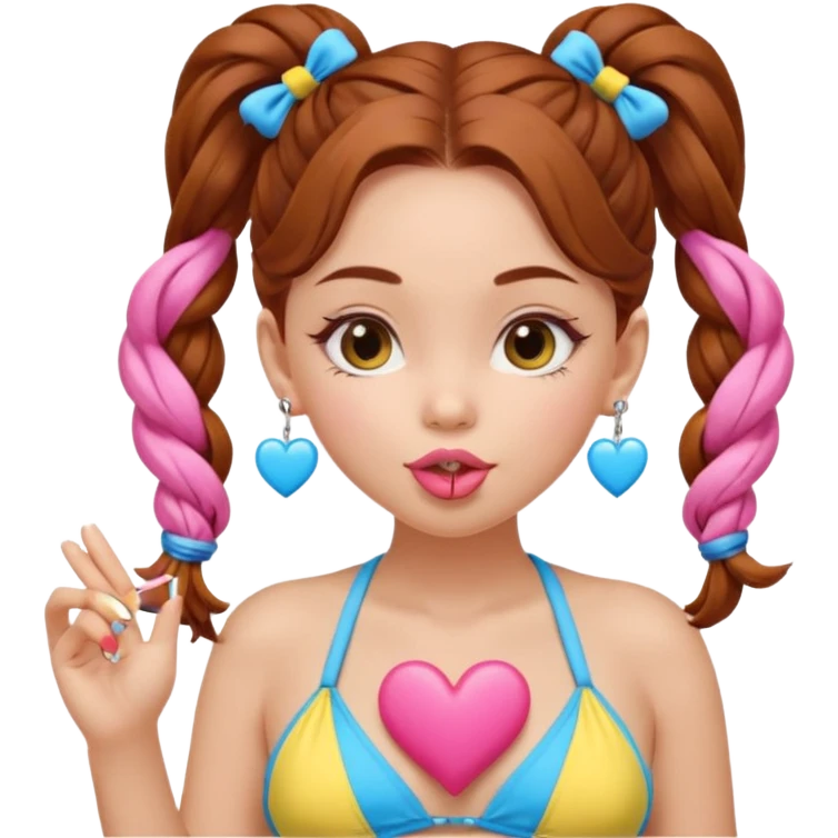 A cute ukrainian girl, looks slightly malaisain with full lips and long auburn hair in two plaited ponytails, has heart earrings in yellow and blue, and is wearing her pink bikini, she is blowing a kiss. emoji