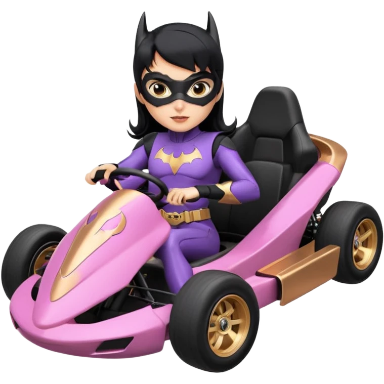 Hot full size real-appearance enclosed electric racing action BatGirl’s feminine midnight-colored tight outfit sixty’s tv show 1992 stealthy retro sporty safe plush petite off-road pursuit cruiser car rose gold accents (black hair,reclined and relaxed torso seating position) go kart  emoji