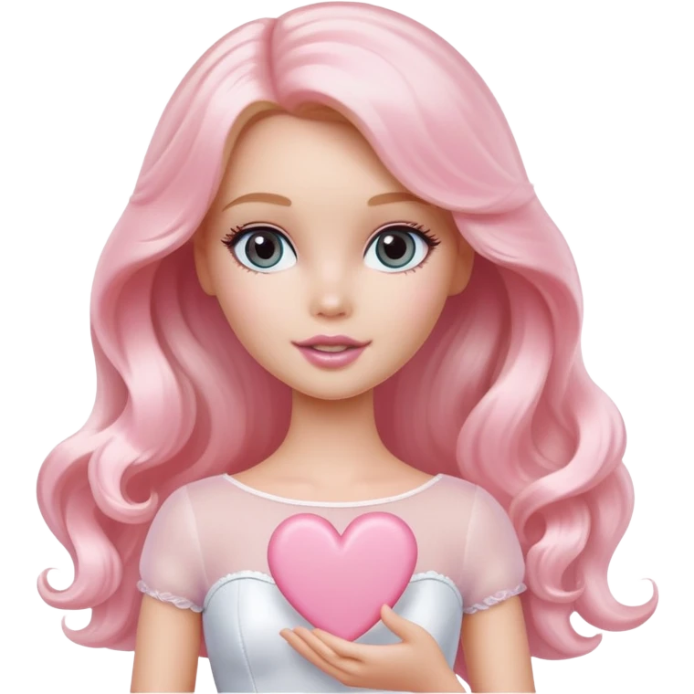 White Barbie girl with long wavy light hair holding pale pink heart  emoji