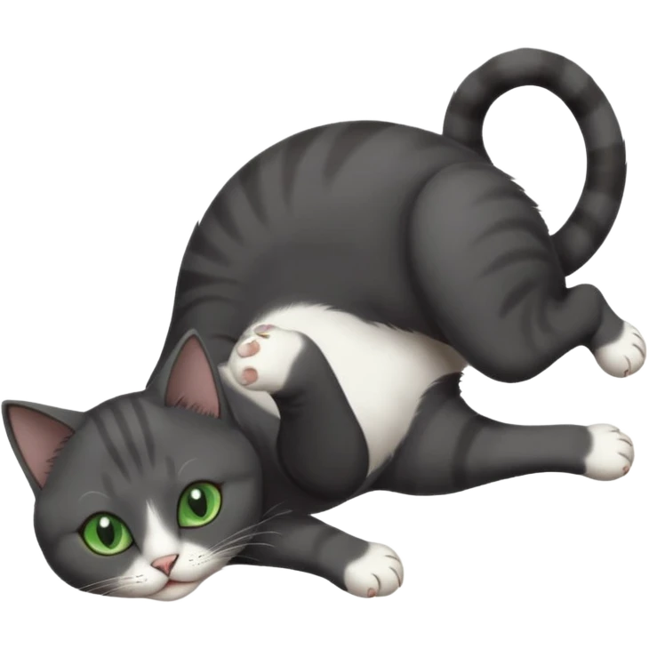 beautiful female solid dark grey cat with green eyes, white toes/paws and white patch on her chest playfully rolling upside down emoji