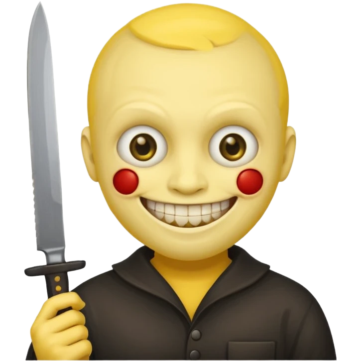 Round yellow face with hand holding knife with a creepy smile emoji
