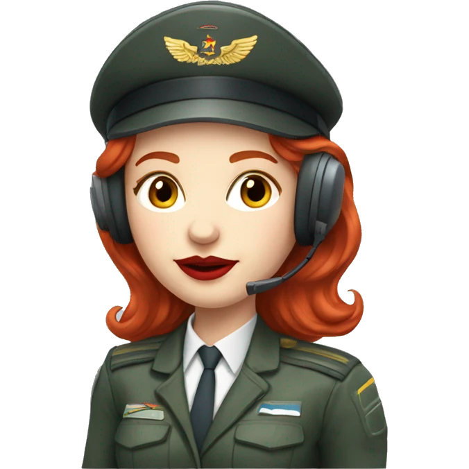 Redhead Russian pilot girl with red lips with airplane pilot headset   emoji