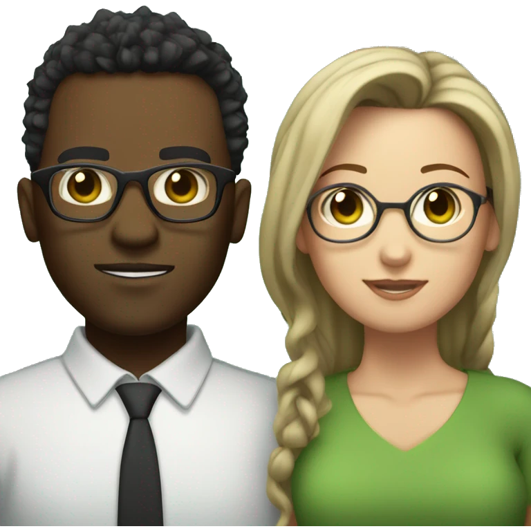 black male with spikey hair and glasses and white female with brown wavy hair , green eyes and glasses emoji
