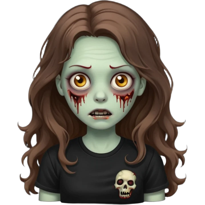 crie um emoji de uma garota zoombie cabelo castanho e longo , assustadora e fofa com cabelo ondulado 2b e camiseta básica preta emoji