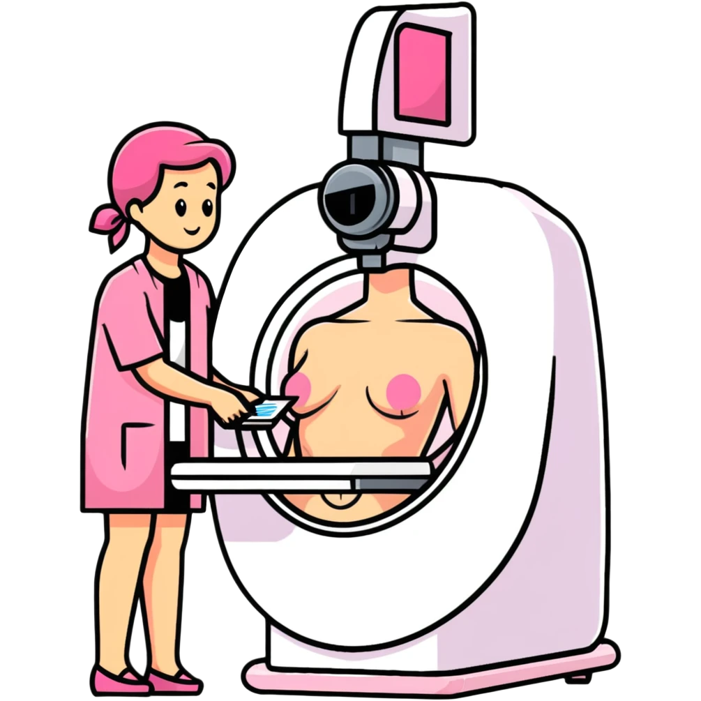 Mammogram breast cancer screening machine with female patient, medical test emoji