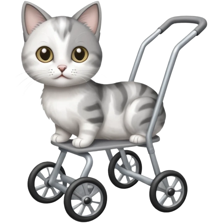 disabled grey and white small cat using a mobility walker for cats emoji