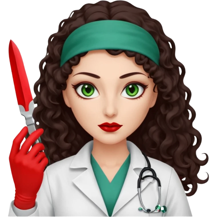 Lilith scalpel sexy evil woman. She has green eyes.  has dark brown long curly hair.  evil surgeon kills holding scalpel.  wears sexy doctor coat with red gloves. Covers only nose neck  and mouth with Muslim red berka  emoji