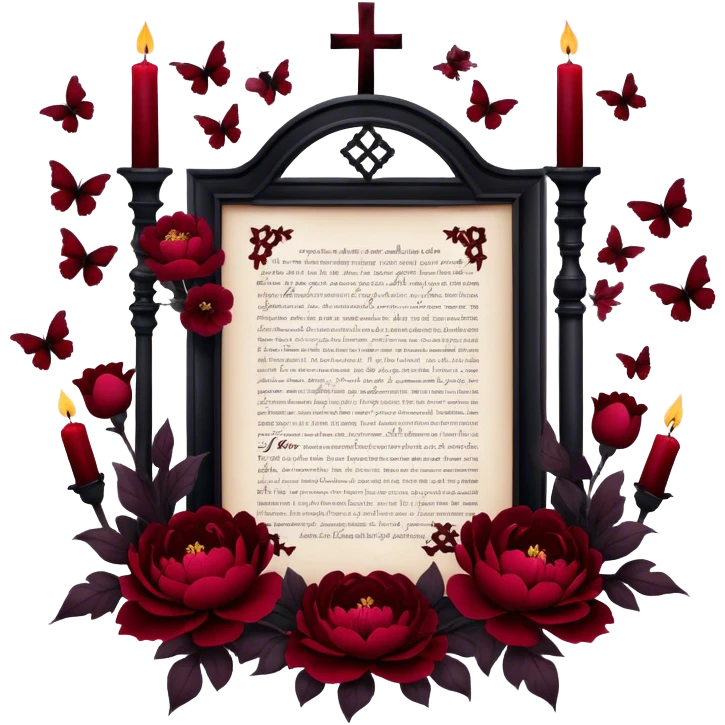 A surreal dreamscape where blackened love letters float in the air, encircled by deep red butterflies and Gothic crosses. The scene is framed by rich crimson peonies and pansies, their petals illuminated by the soft glow of dark red candles emoji