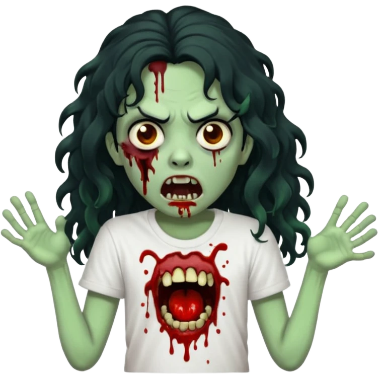 a zombie with long curly black hair volumoso, brown eyes, a white t-shirt and a splash of blood on her t-shirt, mouth open like a zombie, green skin color, not much expression, no drawing on shirt, no hands showing, less blood on her face, less blood, black hair and black eyes emoji