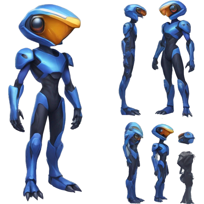 a black-blue Genesect-Raptor-Fakémon—hybrid with a futuristic visor-helmet full body emoji