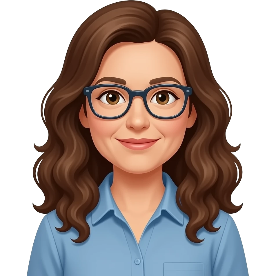 profesora informatica 50 años pelo muy rizado largo castaño piel clara gafas emoji