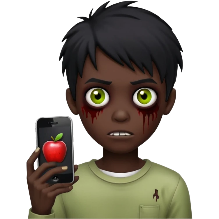 creepy boy zombie, human-like, black emo hair, black eyes, dark skin, Apple iPhone emoji style emoji