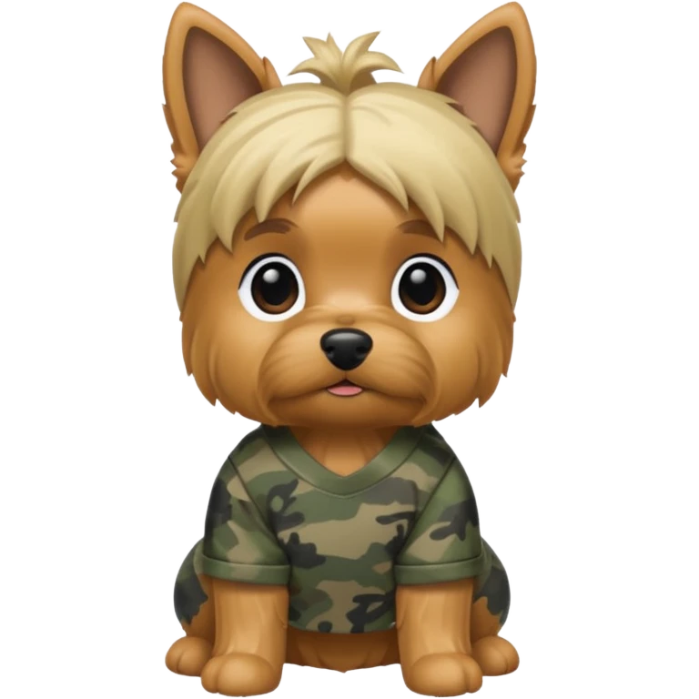 grey and blonde yorkie wearing camo emoji