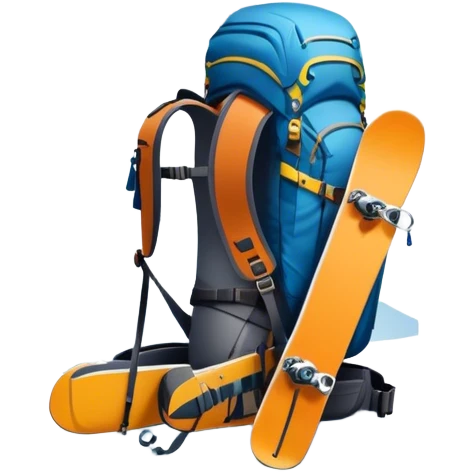 Icon for Mountain Tourism: a snow-covered peak in the distance, with skis, a snowboard, climbing gear, a backpack, and a camera. The icon should represent the adventure and exploration of mountain landscapes. Transparent background. emoji