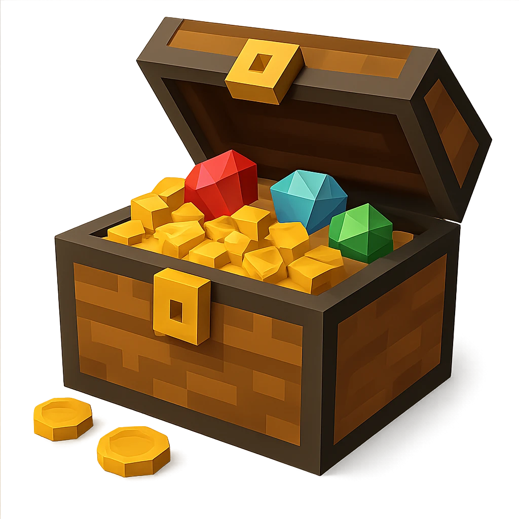A pirate treasure chest with gold coins and gems, minimalist 3D blocks design emoji