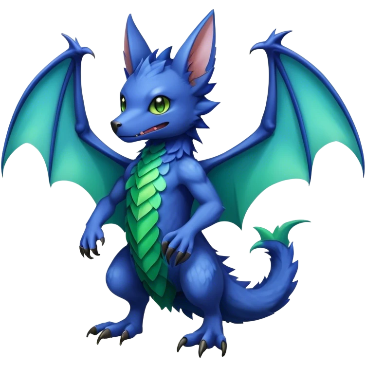 Cute cool fantasy animal hybrid bat-Sergal-Digimon-Fakemon full body, green scales, brown eyes, blue feathers emoji