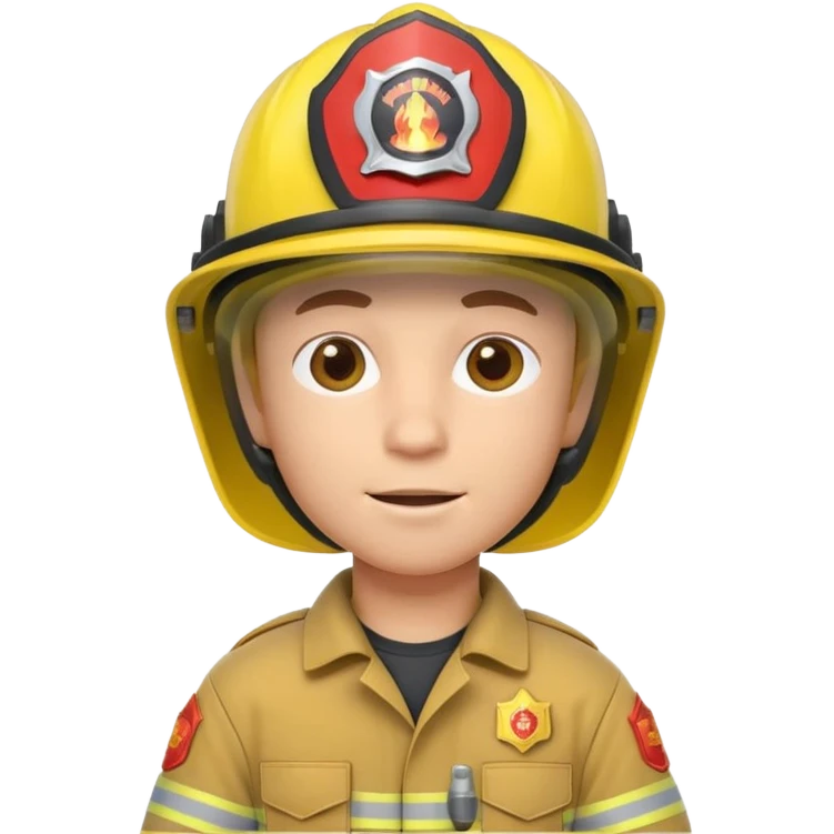 3D cartoon-style firefighter in the Apple emoji style, wearing a bright yellow helmet and fireproof uniform, front-facing, soft lighting, white background. emoji