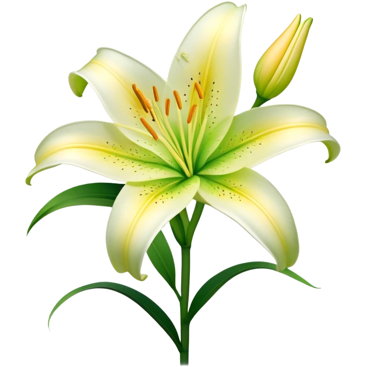 Cinematic Realistic Lily Emoji, Elegant and fragrant, with soft, white petals curling delicately around a golden-yellow stamen at its center. The long, slender green stem stands tall, supporting the vibrant bloom with its slightly curled tips. Soft glowing outline, capturing the essence of purity, elegance, and grace in a striking lily. emoji