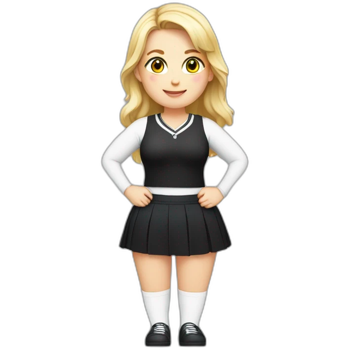 Front view full body curvy caucasian beauty sitting straight hands up black skirt white knickers white socks emoji