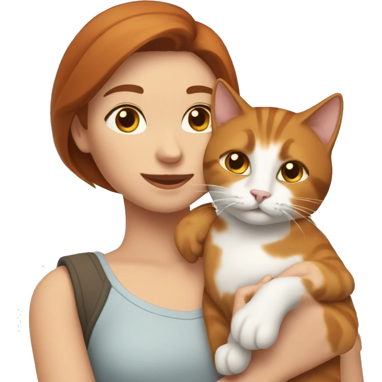 a woman with brown hair holds a ginger cat in one hand and a gray and white cat in the other emoji