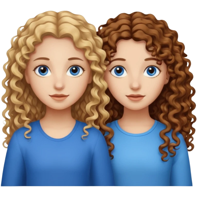 sisters, one has brown eyes, long curly brown hair, the other one has blond non-curly hair and blue eyes emoji
