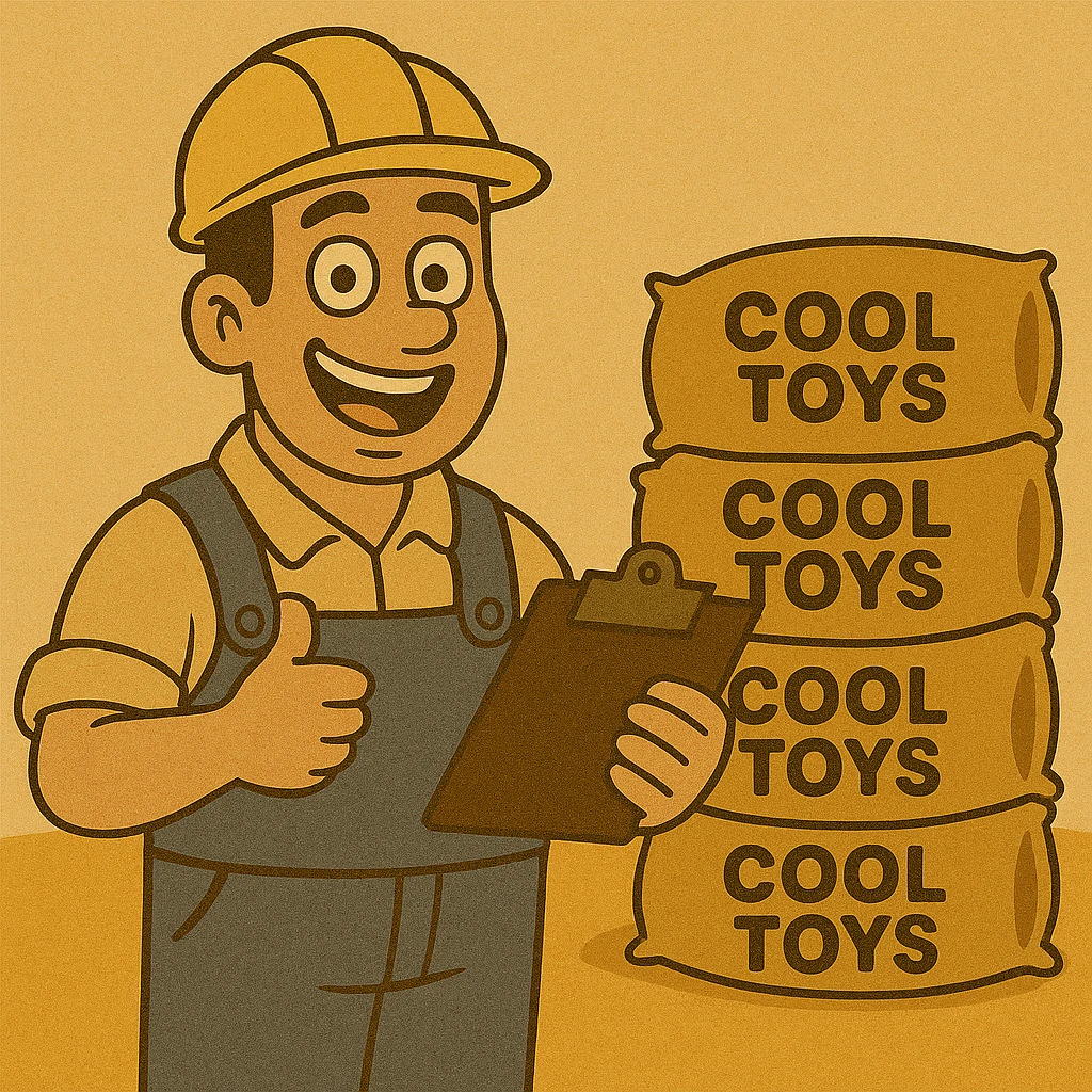 Change the background to a pure, solid color while keeping the cheerful, modern cartoon style of the factory worker and the golden bags labeled 'cool toys' in the scene. emoji