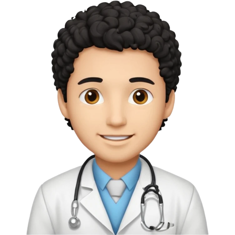 a young male doctor with black  curly hair and cheerful face emoji