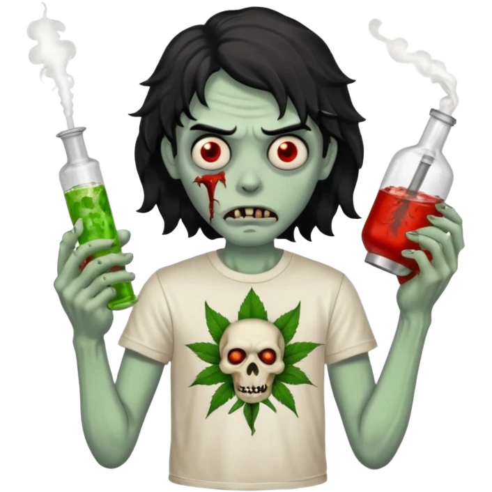 black wavy haired zombie getting stoned with weed t shirt and bong on his hand emoji