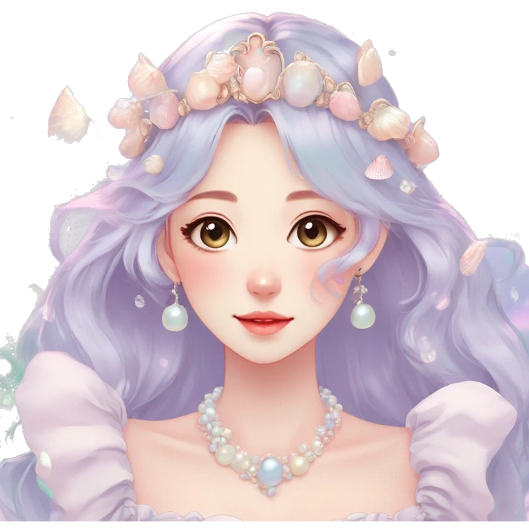 Gorgeous pastel anime style lady with blushing face and seashells tiara pearls dress necklace cottagecore fairycore pastelcore colorful pearly romantic simplistic aesthetic trending style emoji